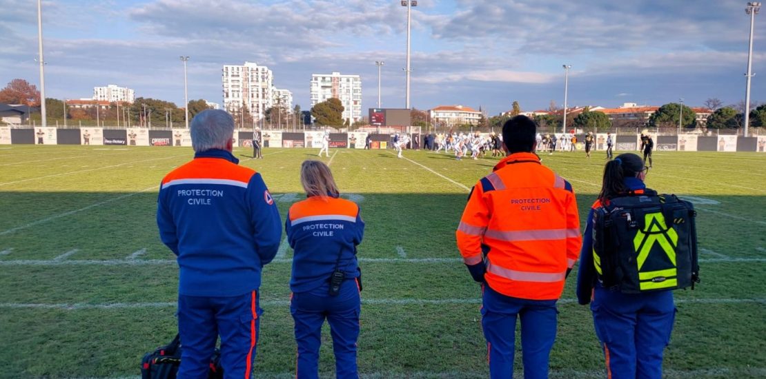 alt = les secouristes bénévoles de la Protection Civile présents au match Grizzlys Catalans vs Marseille